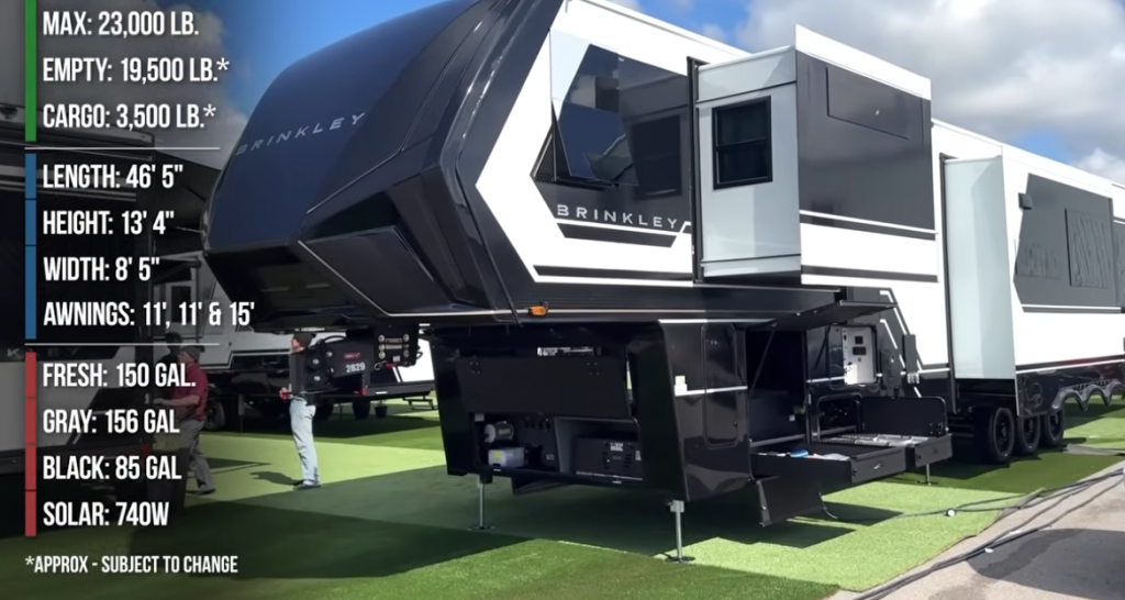 Brinkley Model G Series luxury fifth wheel exterior with specifications overlay showing 46'5” length, 13'4” height, 8'5” width, 23,000 lb max weight, and 740W solar system, highlighting high-capacity tanks and multiple awnings.