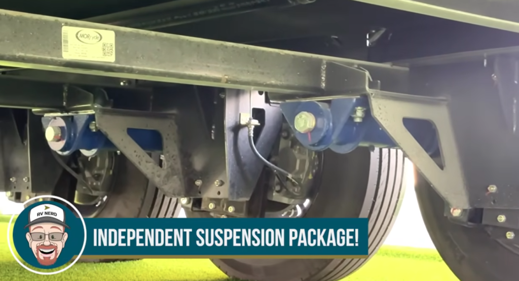 Brinkley Model G Series RV MORryde independent suspension system close-up, showing heavy-duty components designed to improve ride quality, stability, and durability on the road.