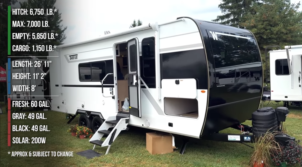 2026 Winnebago Thrive 22MLS travel trailer exterior with black-and-white fiberglass design, entry steps extended, and spec list overlay showing weight, tank capacities, and solar power details.