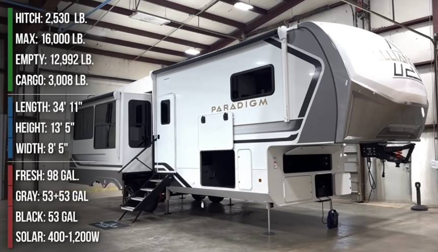 Alliance Paradigm fifth wheel RV inside a showroom, displaying exterior profile with slide-outs extended and weight, tank, and solar specs listed on screen.