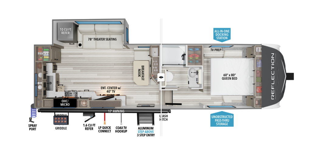 2026 Grand Design Reflection 150 270BN floor plan layout showing breakfast nook, rear kitchen, theater seating, mid-bath, and front queen bedroom with pass-through storage and outdoor kitchen features.