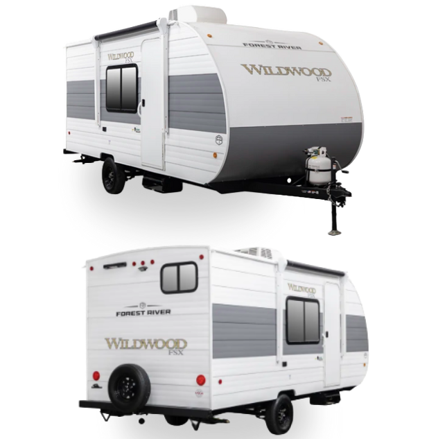 Front and back view of the white Forest River WIldwood FSX travel trailer