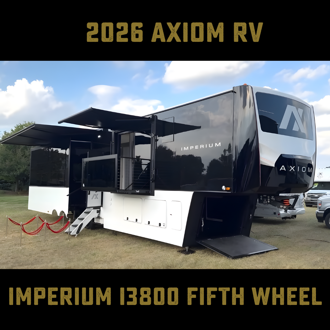 2026 Axiom Imperium I3800 fifth wheel RV on display outdoors, featuring a sleek black and white exterior with modern geometric design, large slide-outs, an extended rear patio, and an upper-level bedroom balcony under dual awnings, showcasing its luxury and innovative construction.
