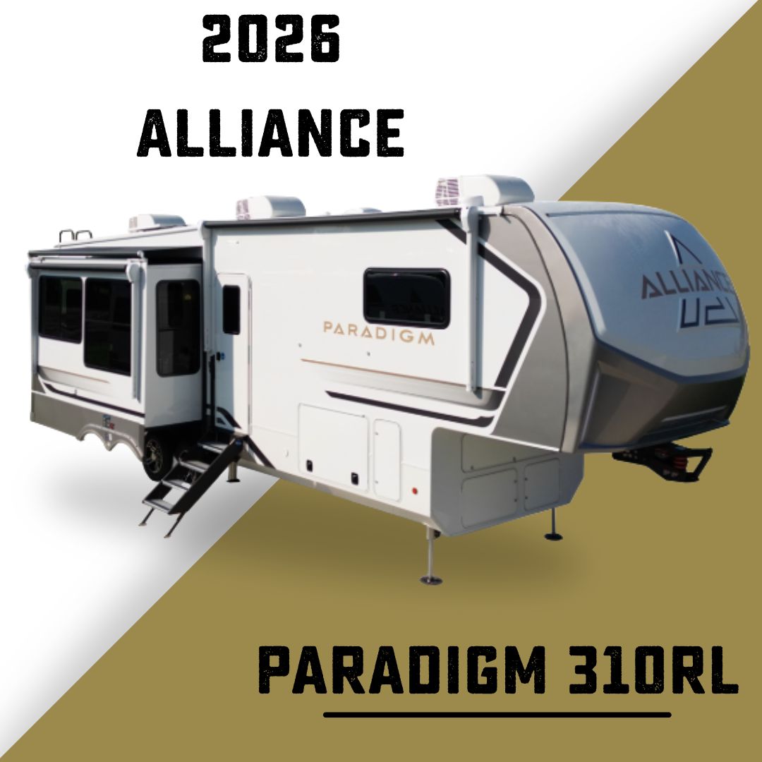2026 Alliance Paradigm 310RL fifth wheel exterior—white/gray high-gloss body with slide-outs extended, front cap and entry steps—wide-body luxury RV.