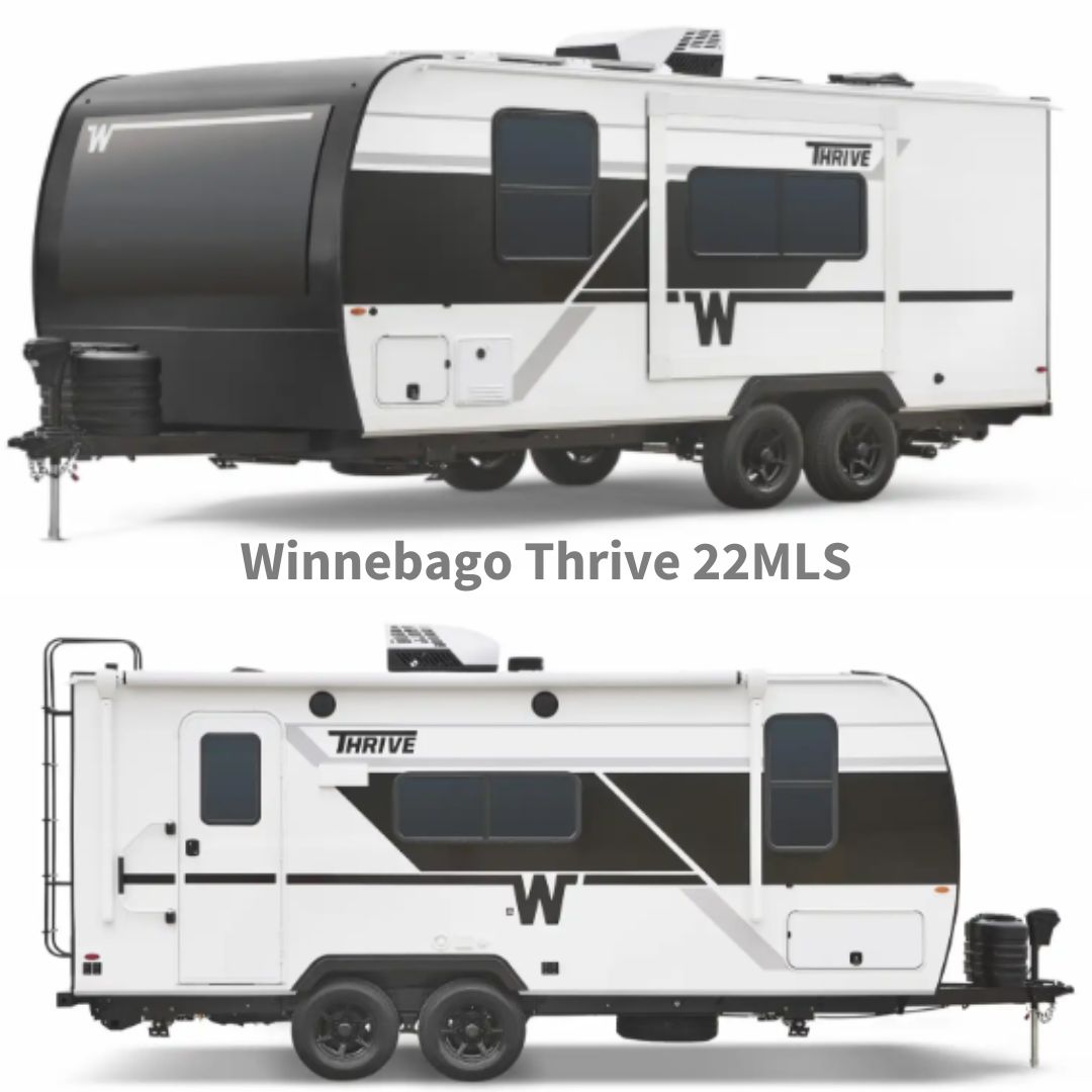 Front and side exterior views of the 2026 Winnebago Thrive 22MLS travel trailer showing its aerodynamic front cap, bold black-and-white graphics, dual-axle frame, large slideout, and rear ladder — highlighting its modern design and half-ton towable construction.