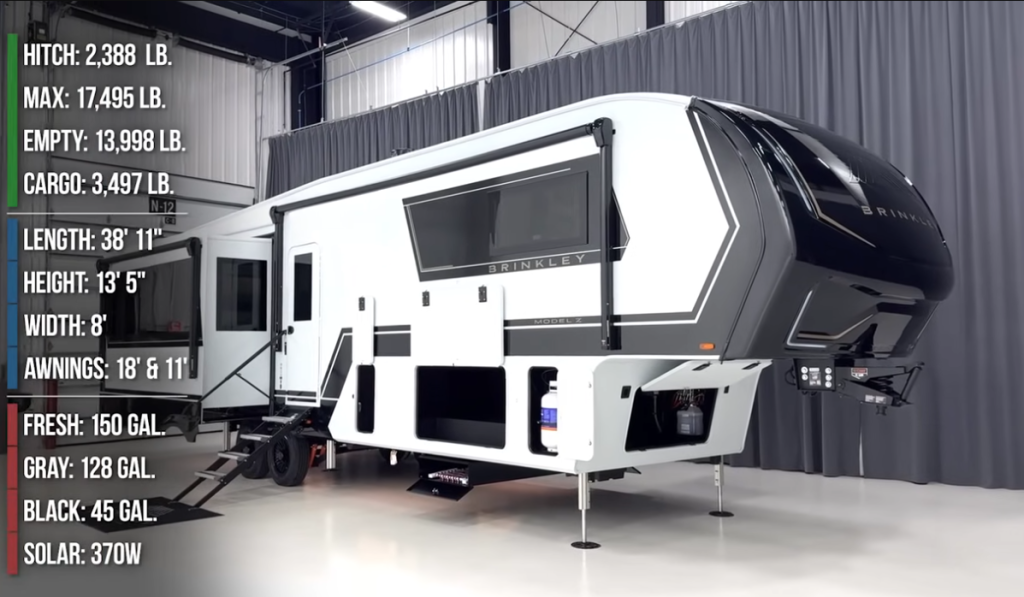 Brinkley Model Z 3600 fifth wheel RV displayed indoors with dual awnings extended, showcasing premium design and detailed specs including 38'11" length, 13'5" height, and 150-gallon fresh water capacity.