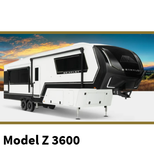 Brinkley Model Z 3600 luxury fifth wheel RV with modern black-and-white exterior design and aerodynamic front cap, shown against a scenic sunset background.
