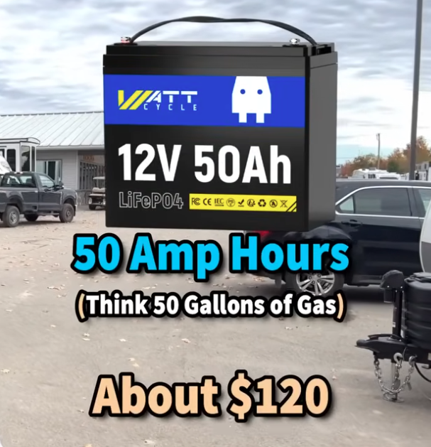 12V 50Ah LiFePO₄ RV battery graphic labeled 50 amp hours — compared to 50 gallons of gas — with estimated cost of around $120.