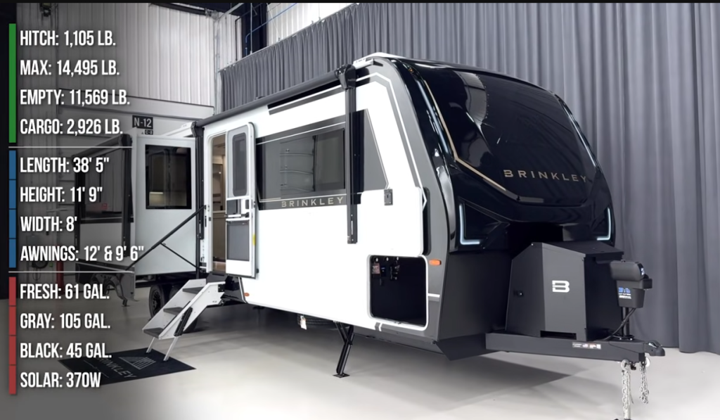 Exterior view of the 2026 Brinkley Model Z Air 315 travel trailer showing its aerodynamic front cap, dual awnings, entry steps, and front utility box, with weight, tank, and dimension specifications listed alongside the RV.