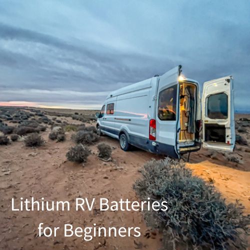 White camper van parked off-grid in a desert landscape at dusk with doors open, used as a visual for a guide on lithium RV batteries for beginners.