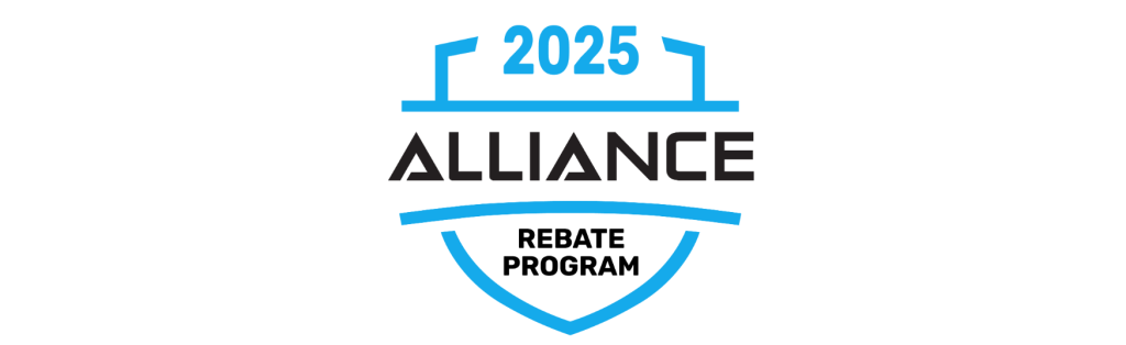 Alliance RV 2025 Rebate Program logo featuring a blue shield design with bold black and blue text.