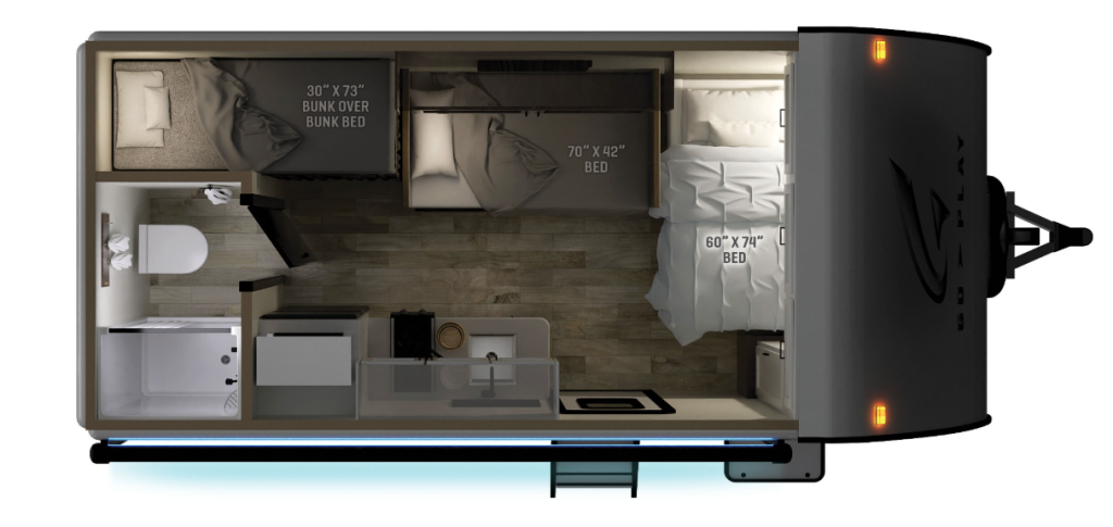 Wayfinder Go Play travel trailer floorplan showing bunk beds, rear bathroom with shower, central kitchen and dinette, and front 60 x 74 bed for compact family camping layouts.