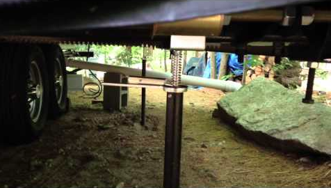 RV undercarriage showing stabilizer jack and plumbing components beneath the trailer during campsite setup and leveling.