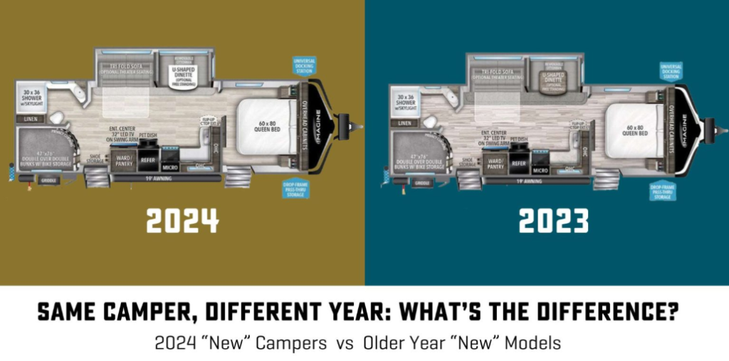 Side-by-side RV floor plan comparison showing the same camper model from 2024 versus 2023, highlighting layout similarities and year-to-year differences.
