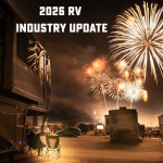 2026 RV industry update graphic showing fireworks over parked RVs at a campground at night, symbolizing trends, growth, and outlook for the RV market in 2026.