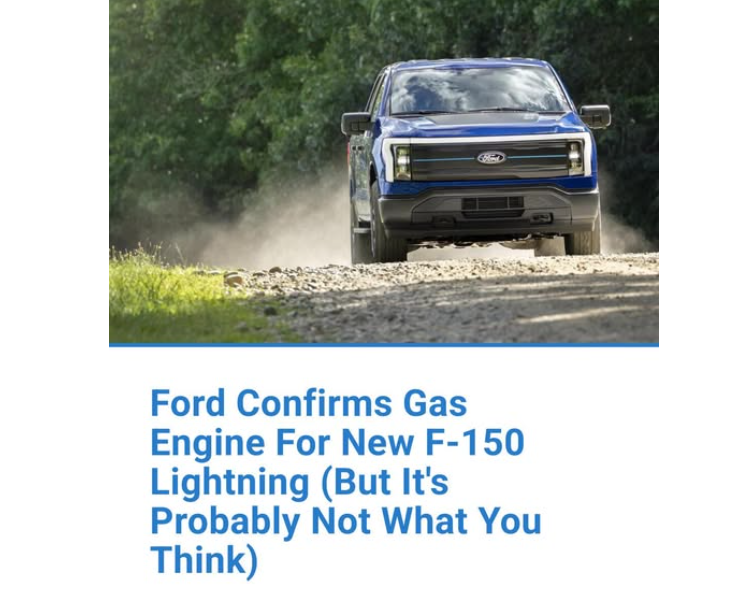 Ford F-150 Lightning pickup truck driving on a gravel road, highlighting Ford’s announcement of a gas engine option.