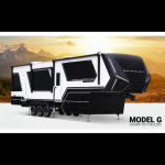 Brinkley Model G luxury fifth-wheel toy hauler shown at sunrise with triple axles, full-body modern graphics, and bold aerodynamic front cap against a mountain backdrop.