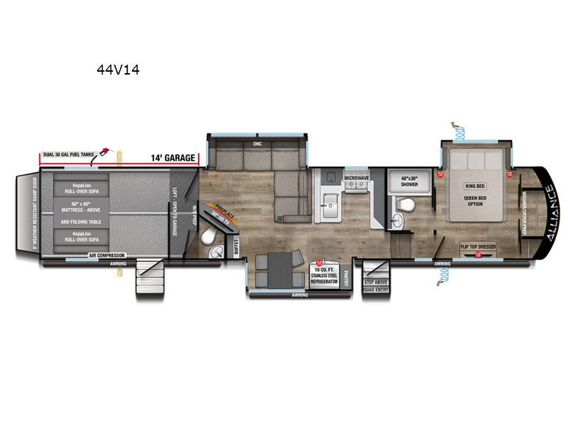 Floorplan layout of the 2026 Alliance Valor 44V14 toyhauler