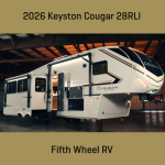 2026 Keystone Cougar 28RLI fifth wheel RV parked indoors, showcasing modern exterior design, front cap, slide-outs, and Cougar Half-Ton branding in a warehouse setting.