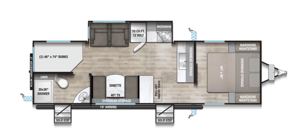 Top-down floorplan of Alliance Delta travel trailer showing rear bunk beds, bathroom with 30x36 shower, central dinette and kitchen, 10 cu ft 12-volt refrigerator, overhead storage, and front 60x80 queen bedroom with wardrobes and nightstands.