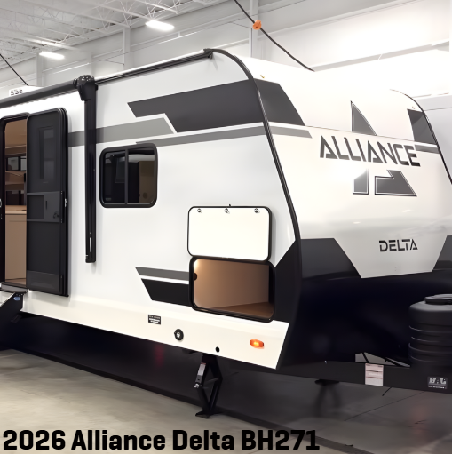 2026 Alliance Delta BH271 bunkhouse travel trailer exterior with campside bathroom access and Alliance branding
