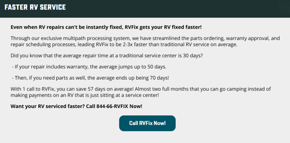 RVFix website section explaining faster RV service and shorter repair times compared to traditional RV service centers