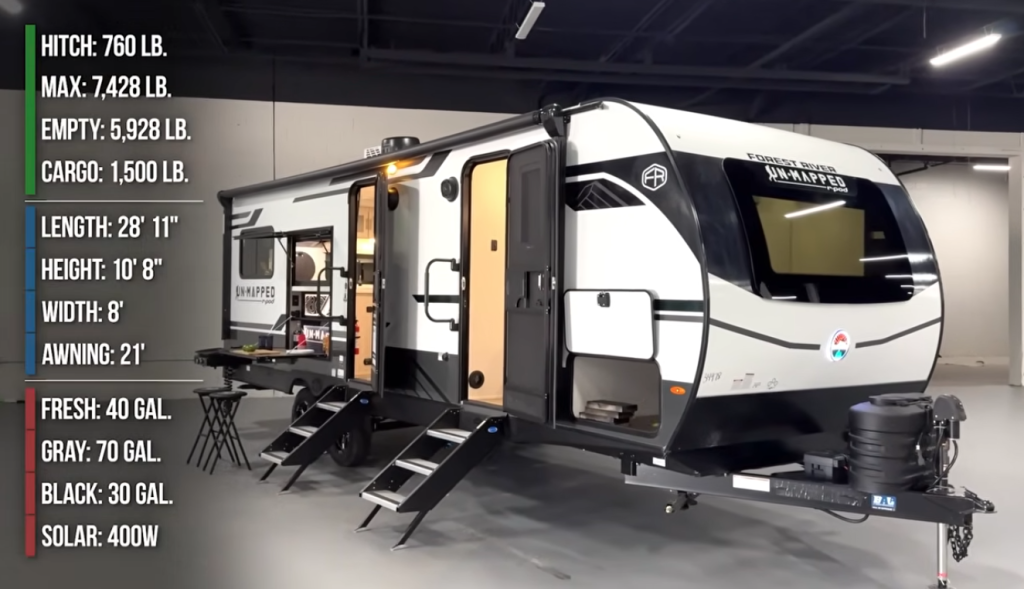 Forest River Unmapped travel trailer shown indoors with size, weight, and tank capacity specifications displayed