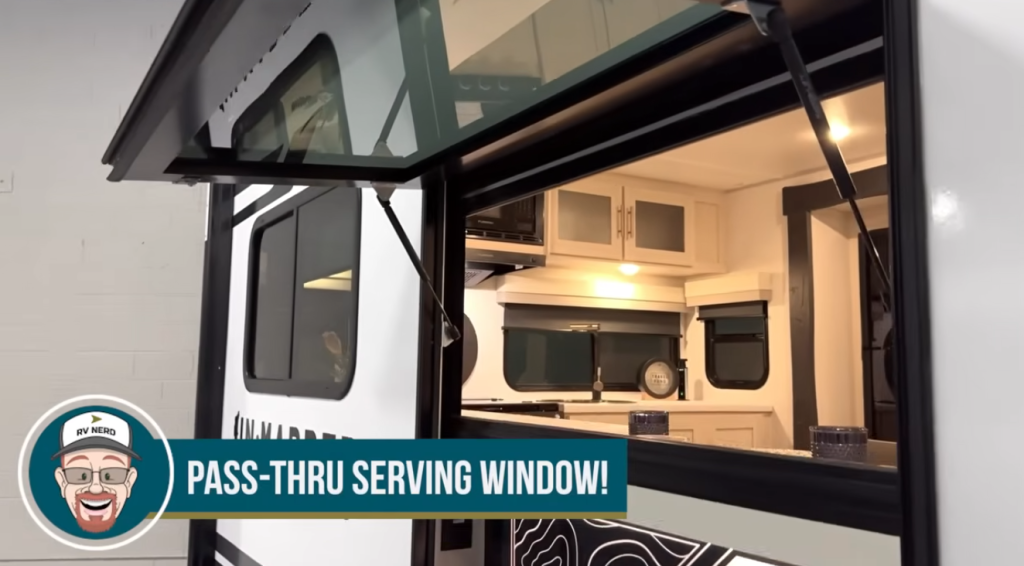 RV pass-through serving window open to the kitchen interior