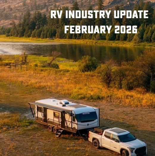 Travel trailer and pickup truck camping beside river in scenic landscape for RV industry update article
