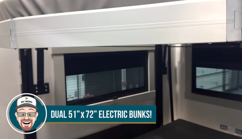 Toy hauler garage with dual 51x72 electric bunk beds
