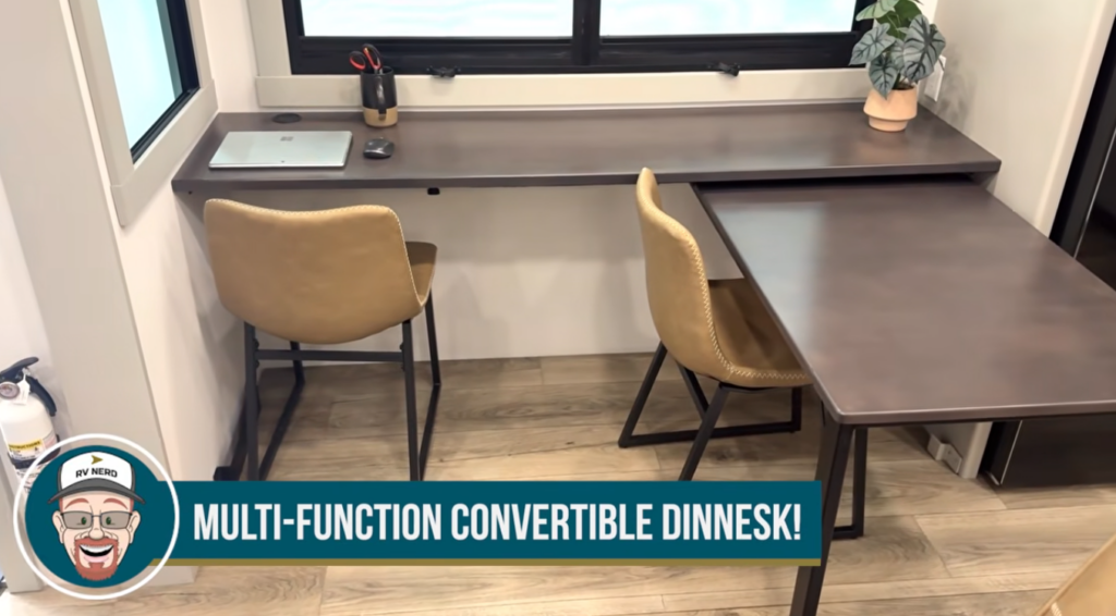 RV multi-function convertible dinette with desk and dining table setup