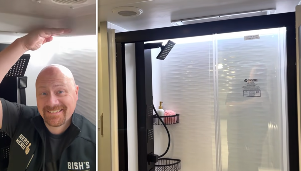 RV bathroom shower with glass door and tall headroom demonstration