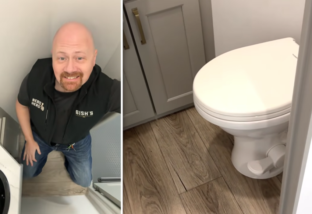 RV bathroom showing compact layout with toilet and presenter demonstrating space