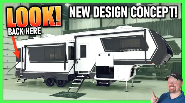 Brinkley fifth wheel RV with dual slide-outs and new rear design concept displayed indoors
