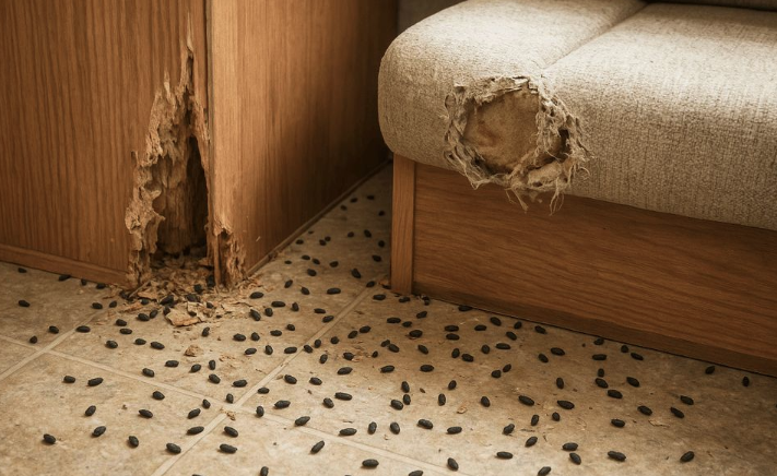 Rodent damage to wood cabinet and furniture with mouse droppings scattered on floor