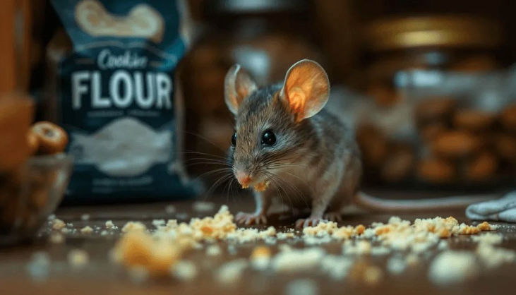 Small mouse eating crumbs on a kitchen counter with flour bag in background