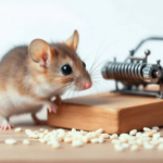 Close up of a mouse next to a mousetrap with scattered grains on a wooden surface
