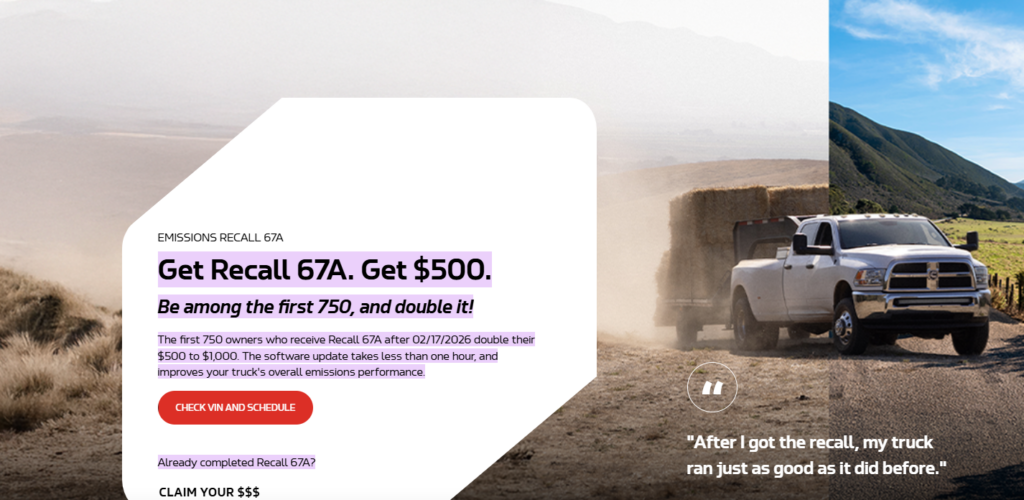 Emissions Recall 67A promotion offering 500 dollars for eligible truck owners