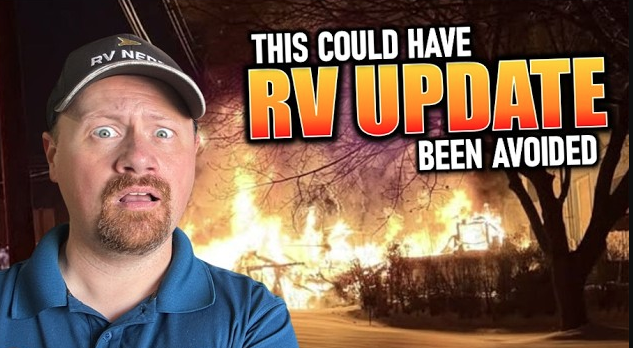 Man reacting in front of a house fire with text about an avoidable RV update