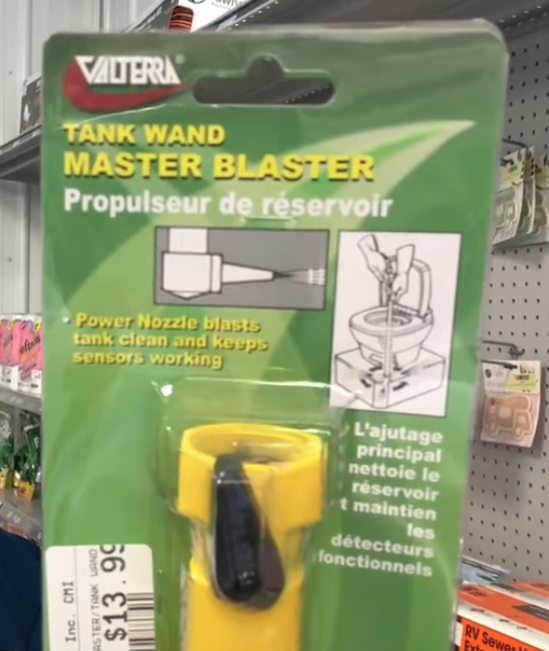 Valterra Tank Wand Master Blaster RV tank cleaning tool in retail packaging, designed to power-blast and rinse black holding tanks to improve sensor performance and prevent buildup.