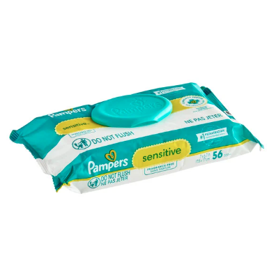 Pack of Pampers Sensitive baby wipes with flip-top lid, labeled “Do Not Flush,” designed for gentle skin care and everyday diaper changes.