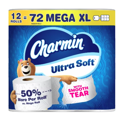 Package of Charmin Ultra Soft toilet paper, 12 Mega XL rolls, advertising 50% more per roll and “Smooth Tear” on a blue background with the Charmin bear mascot.