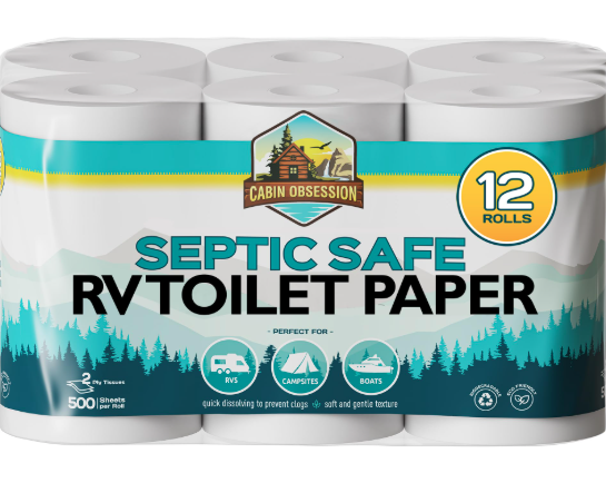 Pack of Cabin Obsession septic-safe RV toilet paper, 12 rolls, labeled quick-dissolving and designed for RVs, campsites, boats, and septic systems.