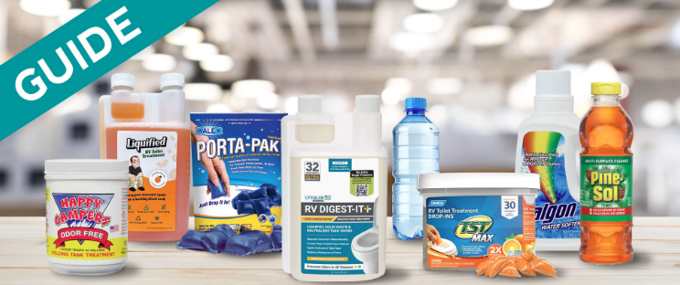 Guide graphic featuring popular RV black tank treatment products, including liquid treatments, drop-in pods, and odor control solutions, displayed on a countertop to compare RV waste management options.