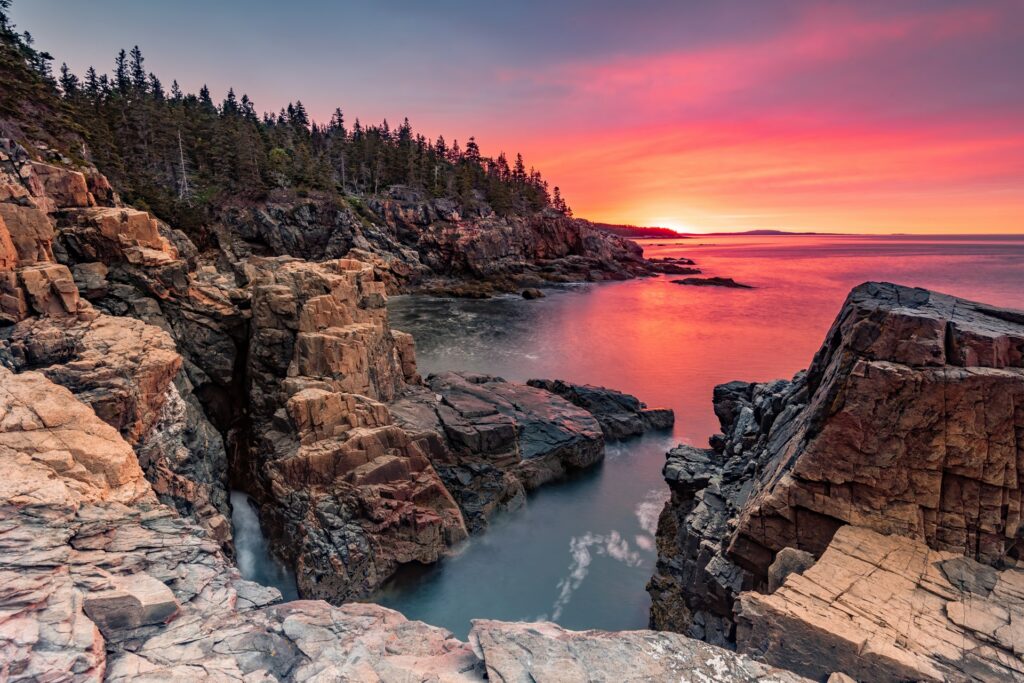 Rocky Atlantic coastline at sunset in Acadia National Park, featuring rugged granite cliffs, pine trees, and calm ocean waters glowing pink and orange beneath a vibrant evening sky.