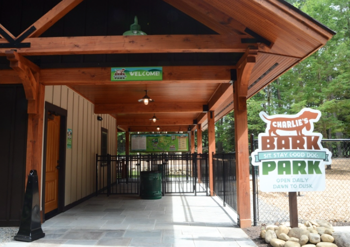 Charlie’s Bark Park dog park entrance at pet-friendly RV campground