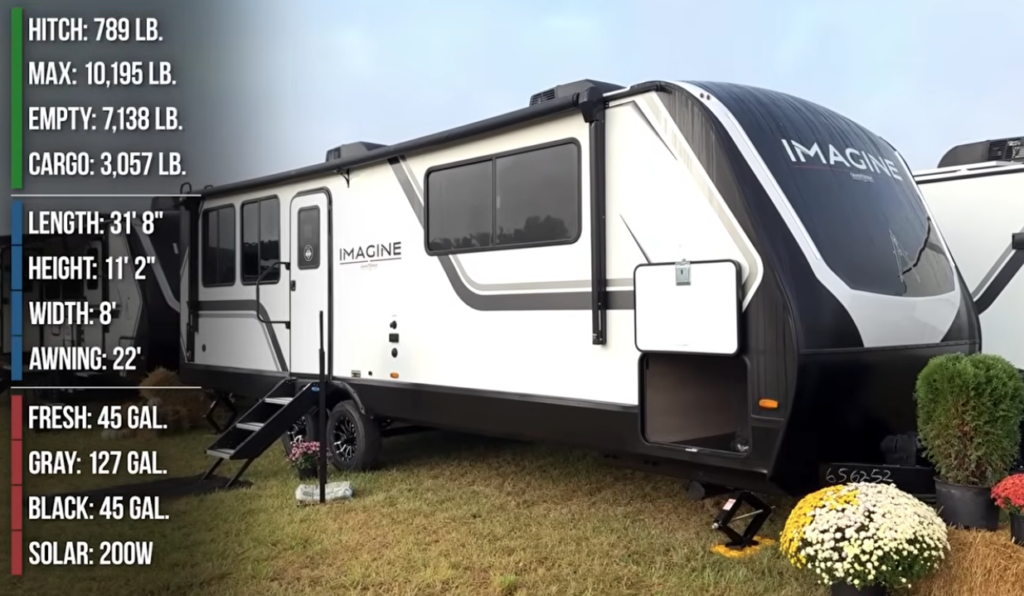 Grand Design Imagine travel trailer parked on display with specifications listed including hitch weight, length, tank capacities, and solar.