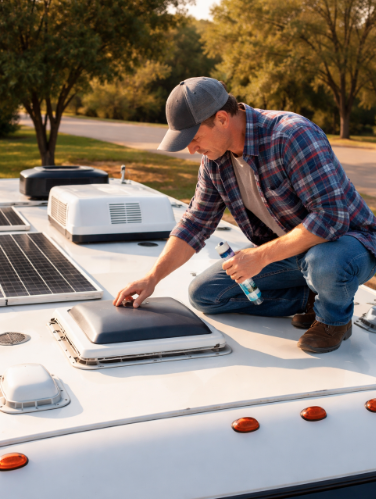 Man cleaning and inspecting an RV roof vent near solar panels on top of a travel trailer.