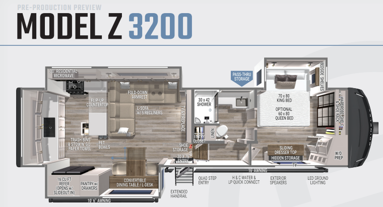 Brinkley Model Z 3200 fifth wheel floor plan layout showing kitchen, living area, bathroom, bedroom, and storage features.
