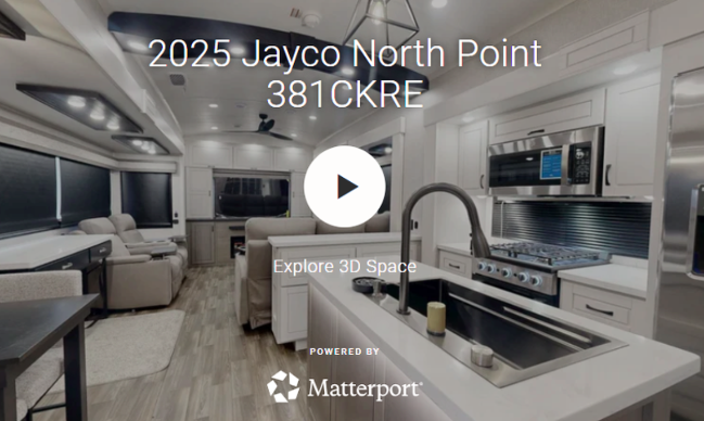 Interior of 2025 Jayco North Point 381CKRE fifth wheel showing kitchen island, living area, and 3D tour preview overlay.